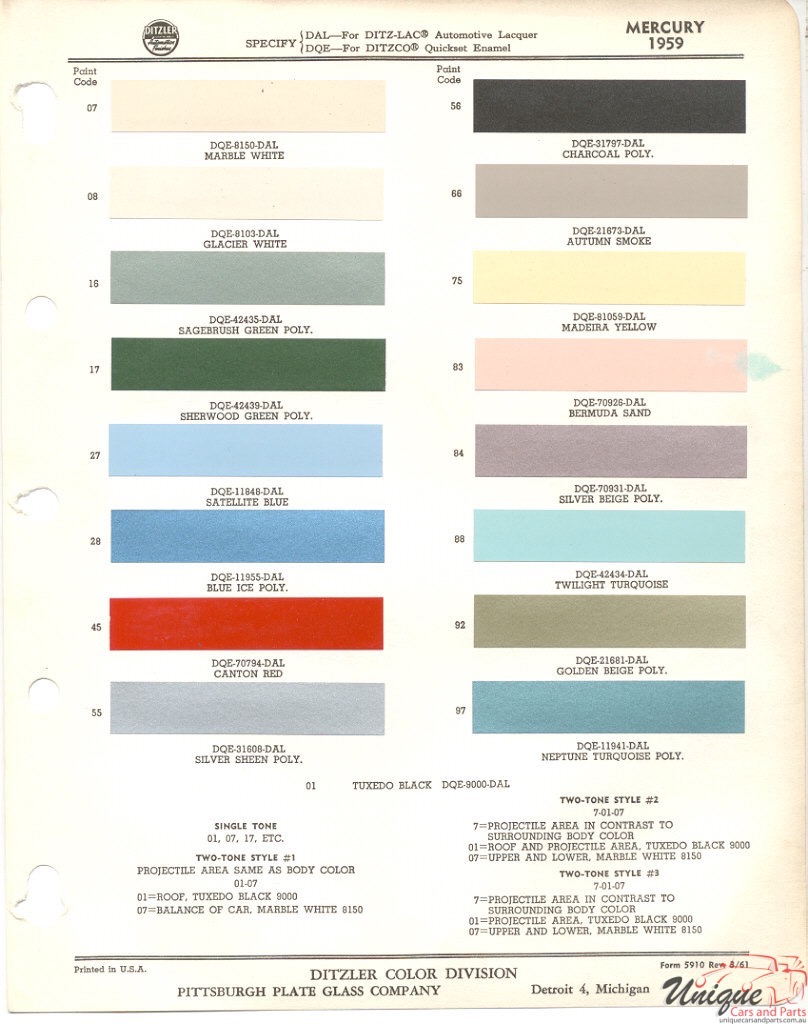 1959 Mercury Paint Charts PPG